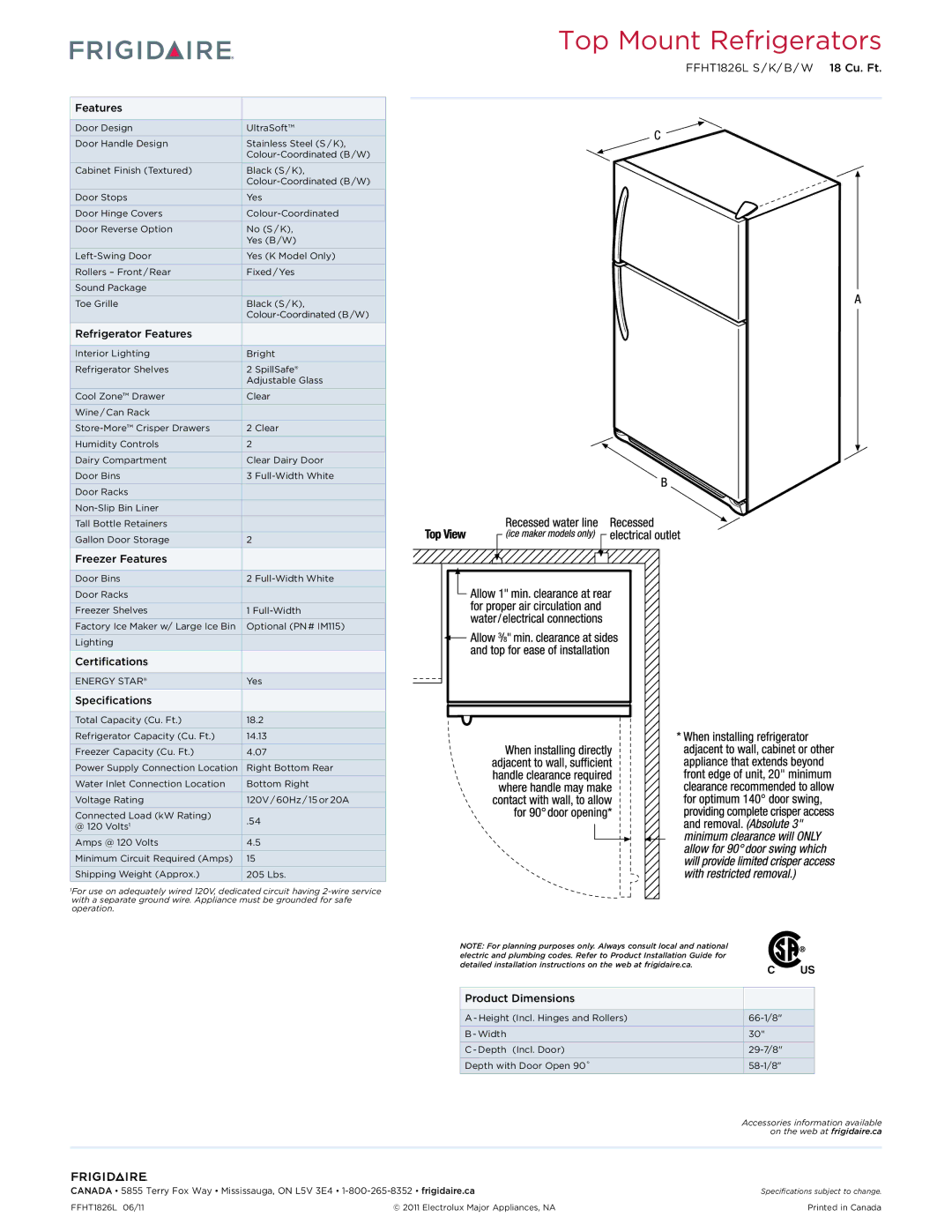 Frigidaire IM115 dimensions FFHT1826L S / K/ B / W 18 Cu. Ft 